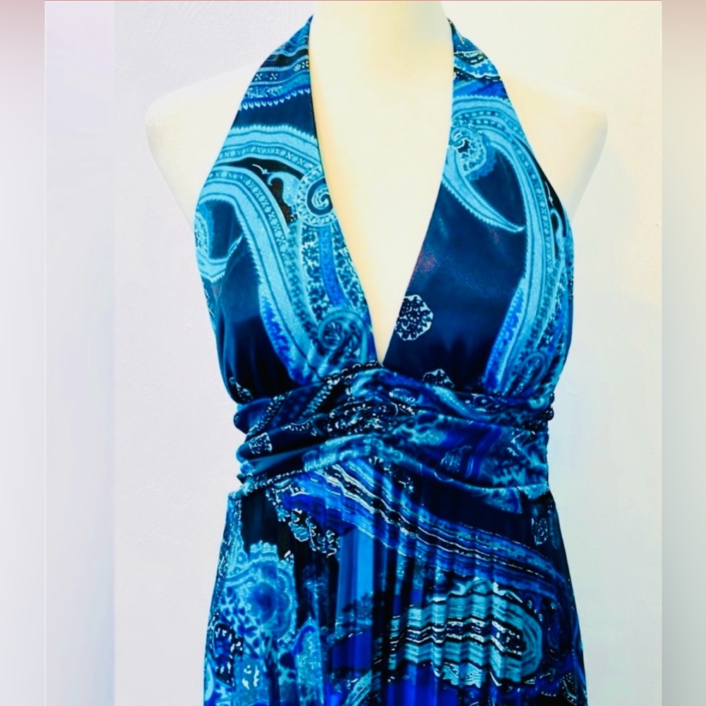 NWT Speechless Y2K Blue satin paisley pleated halter maxi dress.Size Large